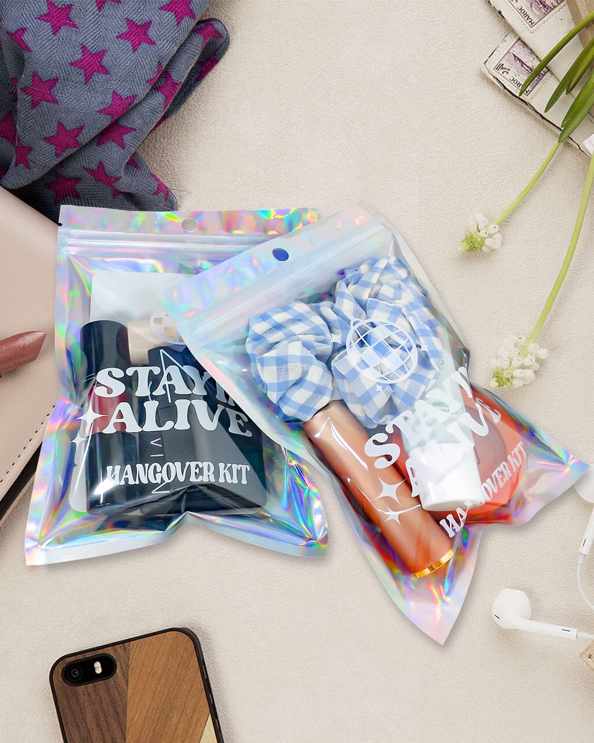SILFGRLF Stayin' Alive Bachelorette Party Hangover Kits, Hangover Kit Bags – 20 Pcs Holographic Bags (5"x7") Bachelorette Party Supplies Last Disco Party Favors Printed