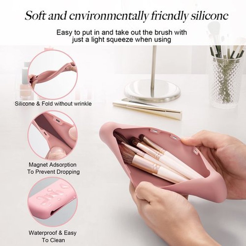 Travel Essentials Makeup Brush Holder, Portable Make Up Organizer, Silicone Cosmetic Bag, Soft and WaterProof Small Makeup Brush Pouch