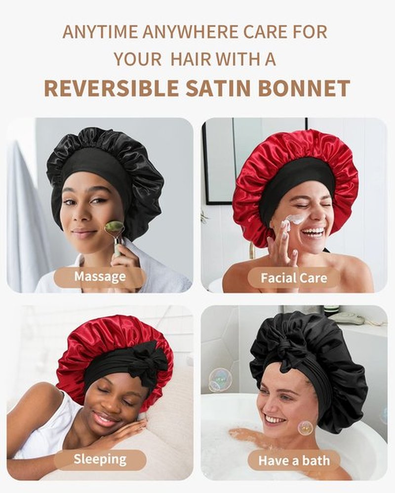 Satin Bonnet for Women Silk Bonnets for Sleeping Curly Hair Bonnet with Elastic Tie Band Reversible Double Layer Sleep Cap Hair Wrap (Black + Red)