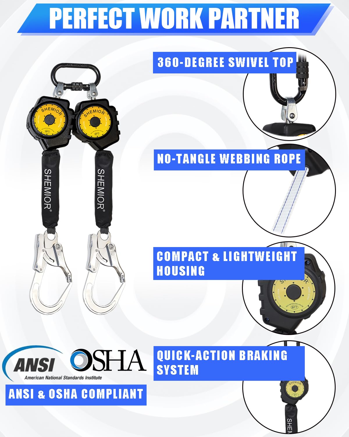 SHEMIOR 6FT Twin-Leg Self Retracting Lifeline, Swivel Top Lightweight Housing, Web SRL ANSI Self Retractable Safety Lanyard, Fall Arrest Protection Gear for Roofing Construction, Rebar Hook