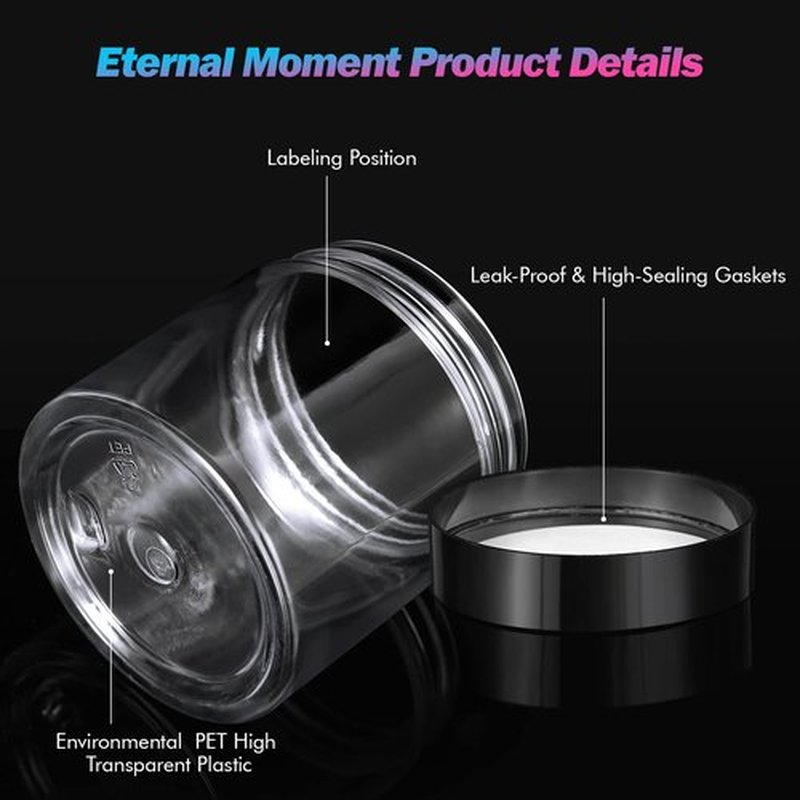 50 Pack 4 OZ Plastic Jars Round Clear Cosmetic Container with Black Lids, Eternal Moment Slime Jars for Lotion, Cream, Ointments, Makeup, Eye shadow, Rhinestone, Samples, Pot, Travel Storage