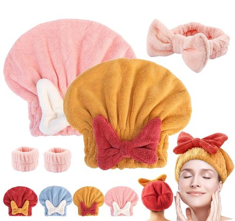 bokando Super Absorbent Hair Towel Wrap for Wet Hair, Efficient Hair Towel Wrap for Women, Quick-Drying Thickened Soft Bow Tie Hair Towel Wrap for Wet Frizzy Long Thick Hair (Pink&Yellow)