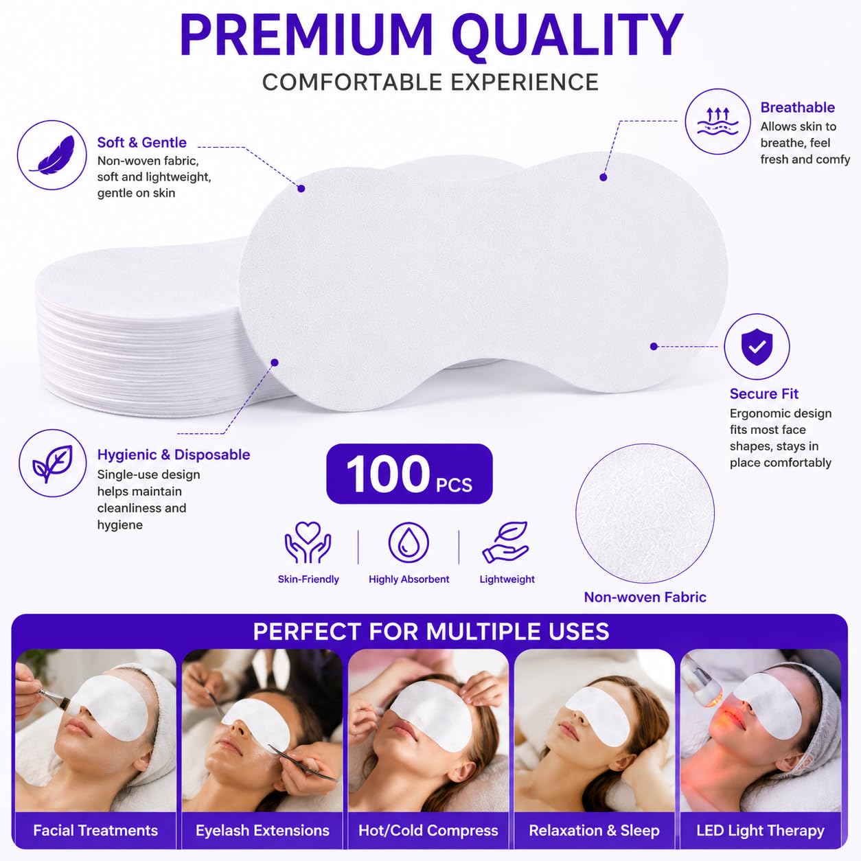 MoyRetty Disposable Non Woven Eye Covers, 100 Sheets, Cotton Paper for Facials Spa Skincare