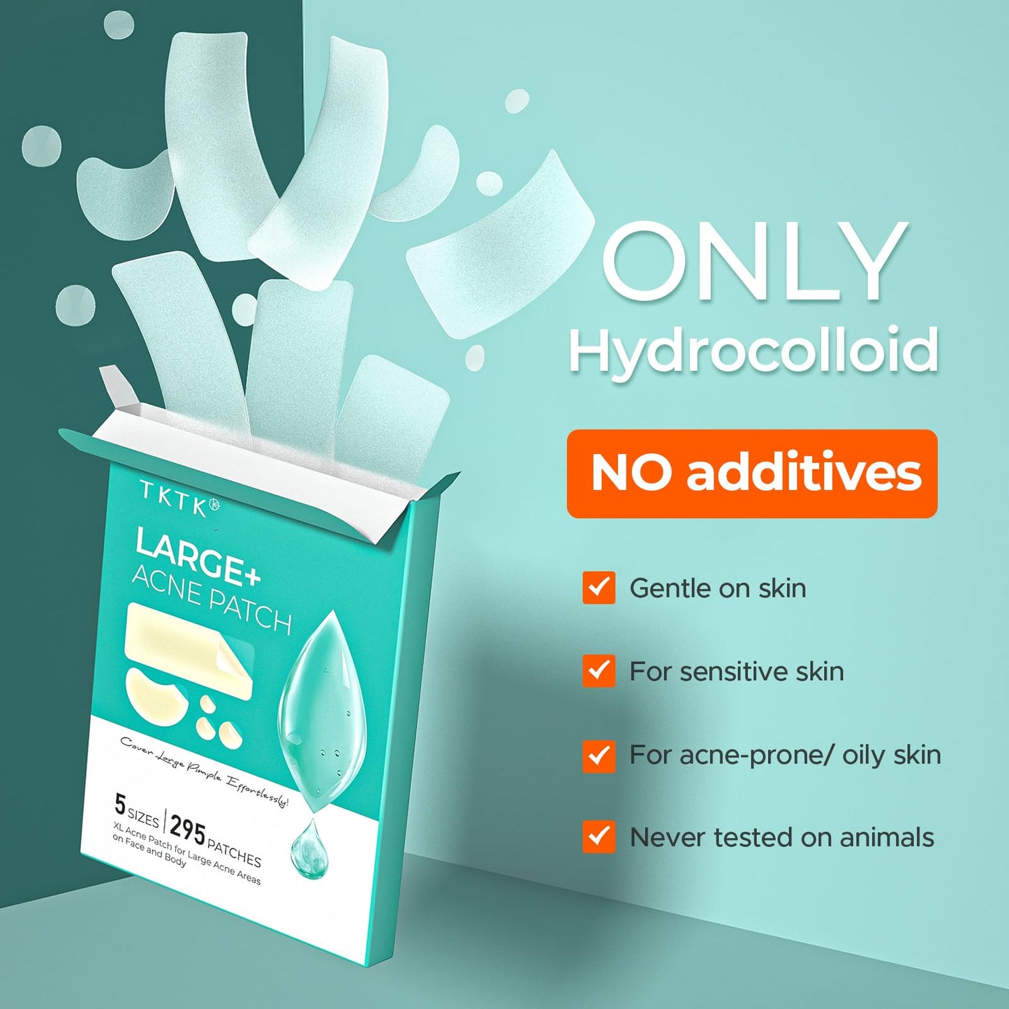 TKTK Large Pimple Patches for Face, 68 x 27 mm XL Hydrocolloid Bandages, Big Acne Patches for Body, Forehead, Chin, Nose, Chest and Back Blemish Zit Breakouts (Strip, Contoured, Dot 5 Sizes 295 Count)
