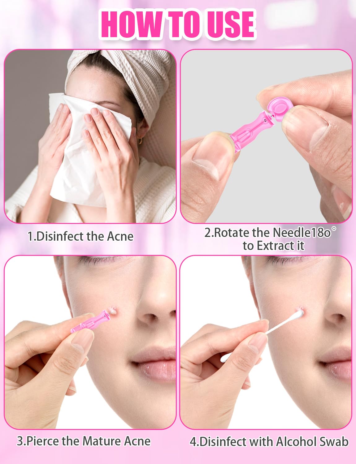 Lancets for Facial Extraction, 50Pcs Pink Disposable Acne Needle Tools, Blackhead Removal Kit for Clear Skin