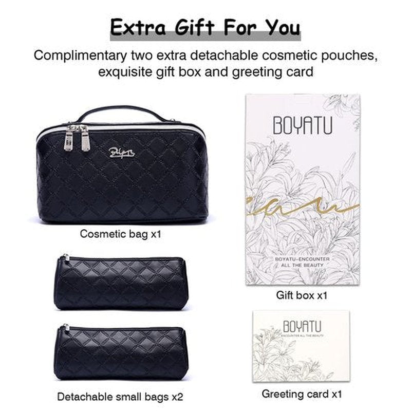 Travel Makeup Bags Cosmetic Organizer Bag: 3-Set Large Capacity Make up Bag - PU Leather Toiletry Bag for Women - Wide Open Portable Pouch with Divider & Handle (07-Black 6)