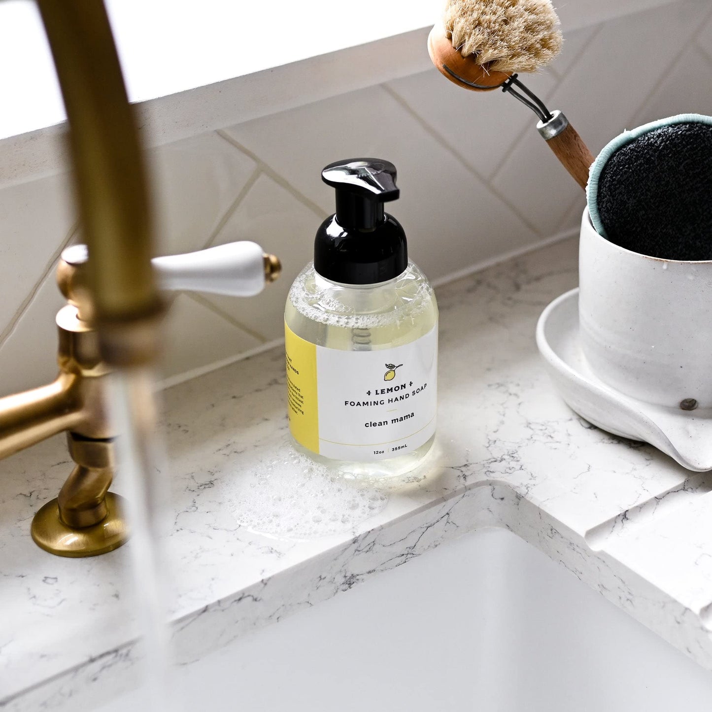 CLEAN MAMA Plant-Derived Foaming Hand Soap - Aromatic and Nourishing Hand Wash, Natural Essential Oils Infused - USDA Certified Biobased - 12 Ounce, Lemon