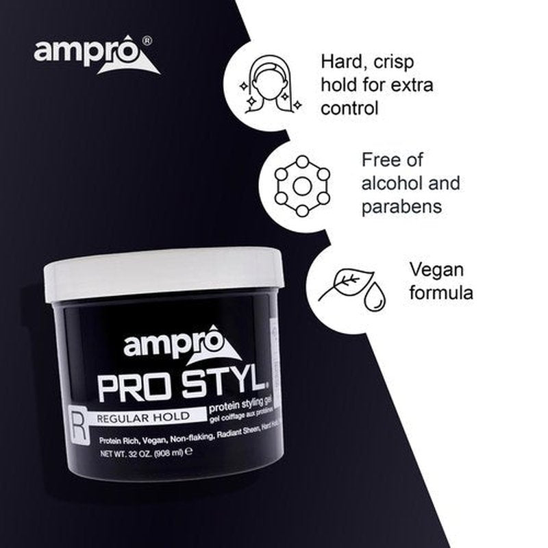 AmPro Pro Styl Styling Gel - Protects and Strengthens Your Strands - Non-Flaking, Alcohol Free, Vegan Formula - Flexible, Touchable Hold for All Hair Textures - Regular - 32 oz