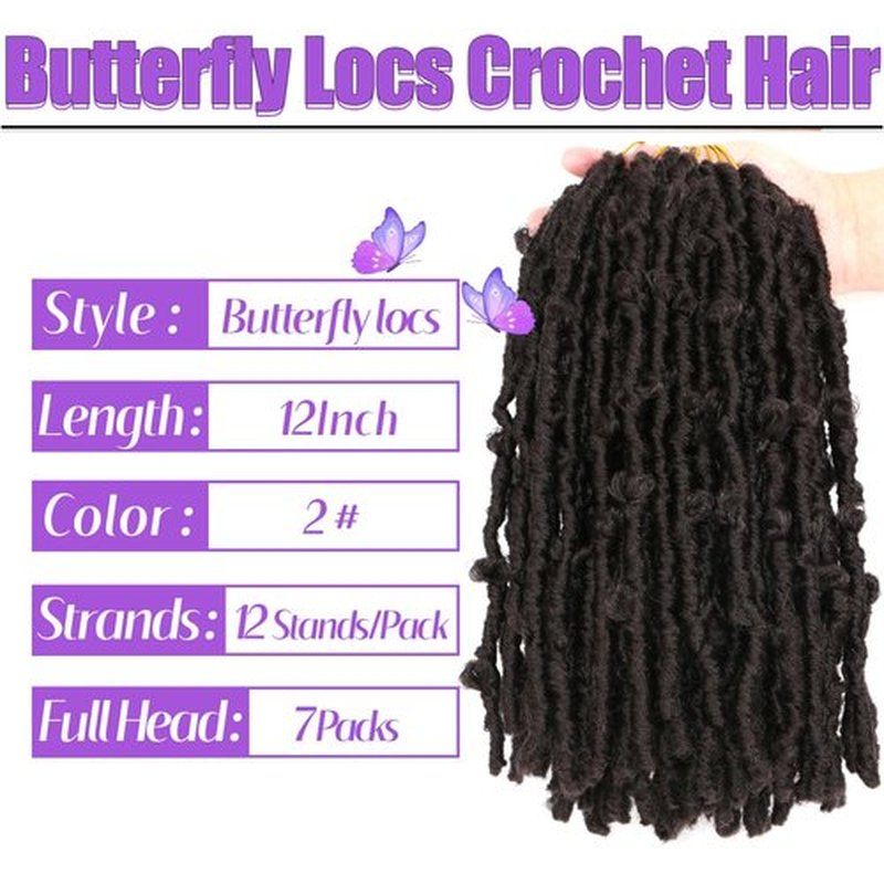 Butterfly Locs Crochet Hair-7 Packs Faux Locs Crochet Hair 12 Inch Distressed Soft Locs Crochet Hair For Black Women (12 Inch(Pack of 7), 2#)