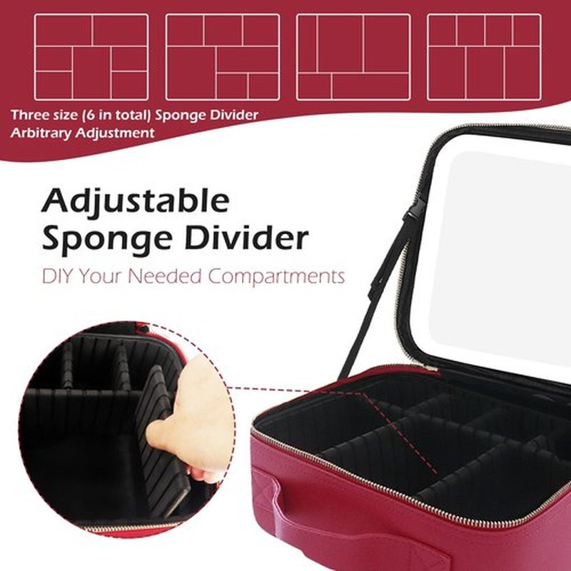 MOMIRA Makeup Bag with Mirror and Light Travel Makeup Train Case Cosmetic Bag Organizer Portable Artist Storage Bag with Adjustable Dividers Makeup Brushes Storage Organizer Rose red