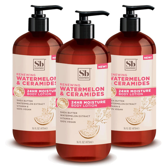 Soapbox Moisturizing Body Lotion, Coconut Milk & Sandalwood with Aloe and Shea Butter, Pack of 3 Hand Lotion Bottles, Vegan Skin Care Products, Moisturizer for Dry Skin, 3 Pack, 16oz Each