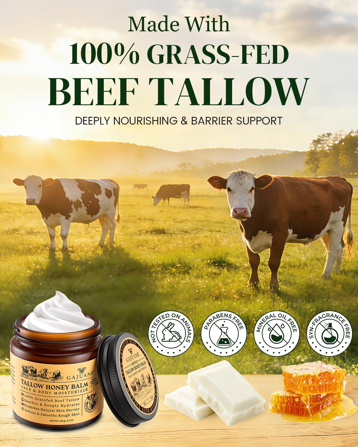 Beef Tallow for Skin: Whipped Beef Tallow Cream for Face & Body, Natural Moisturizing Cream with Honey and Beeswax, Grass-Fed Beef Tallow &Honey Blend, Lightweight Hydration for Dry Skin, 4.2Oz