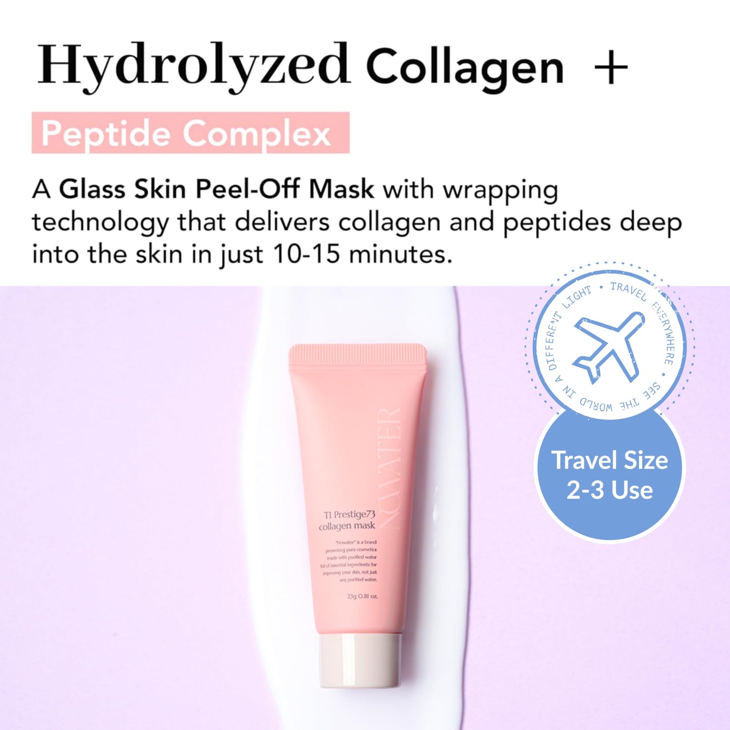 NOWATER Collagen Peel Off Mask Travel Size 0.81 oz – Korean Wrapping Face Mask Sample, 300 Dalton Hydrolyzed Collagen & 6 Peptides for Glass Skin, Firming Trial Pack