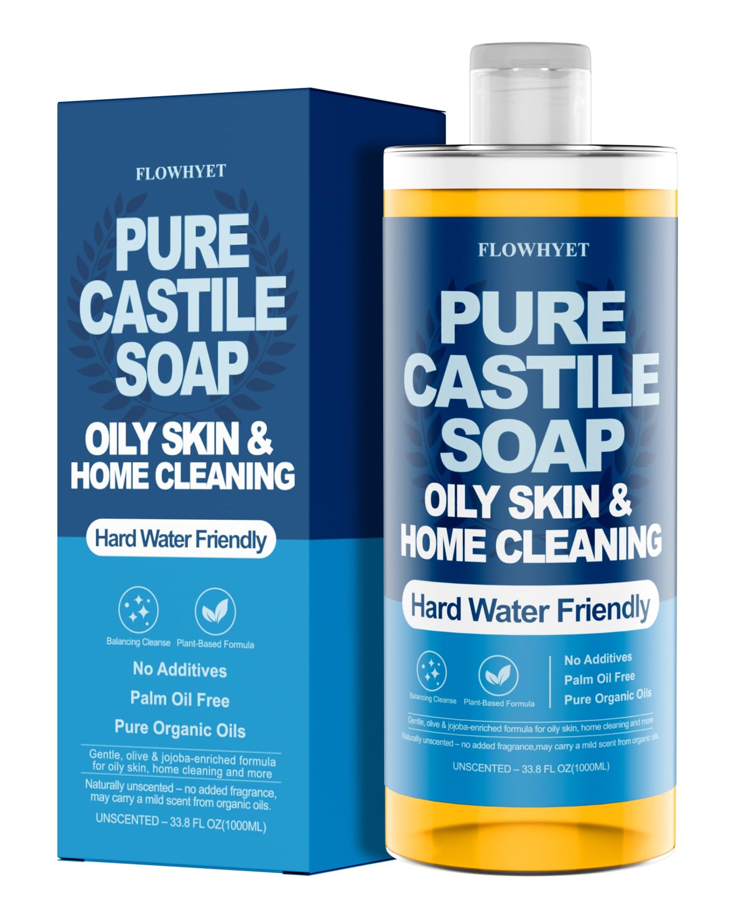 FLOWHYET Pure Castile Soap Liquid Unscented 33.8 fl oz, Organic Body Wash，Bath Soap Castile Liquid, Hard Water Friendly for Sensitive & Oily Skin for Body，Face, Hand, Multi-Purpose Home Cleaner