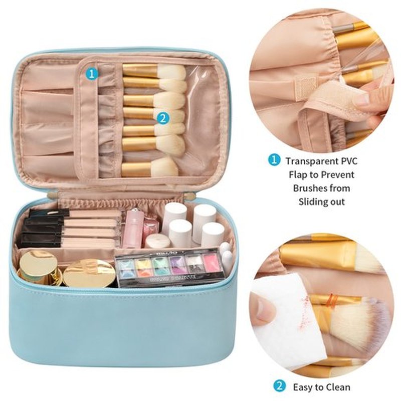OCHEAL Makeup Bag, Portable Cosmetic Bag, Large Capacity Travel Makeup Case Organizer, Black Makeup Bags For Women Toiletry Bag for Girls Traveling With Handle and Divider-Lake Blue