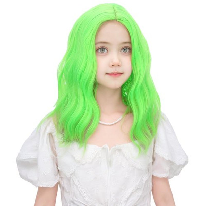 Ufindcos Green Wig for Kids Short Wavy Curly Wig Lime Green for Girls Side Part Bob Wig Synthetic Hair Wig with Wig Cap
