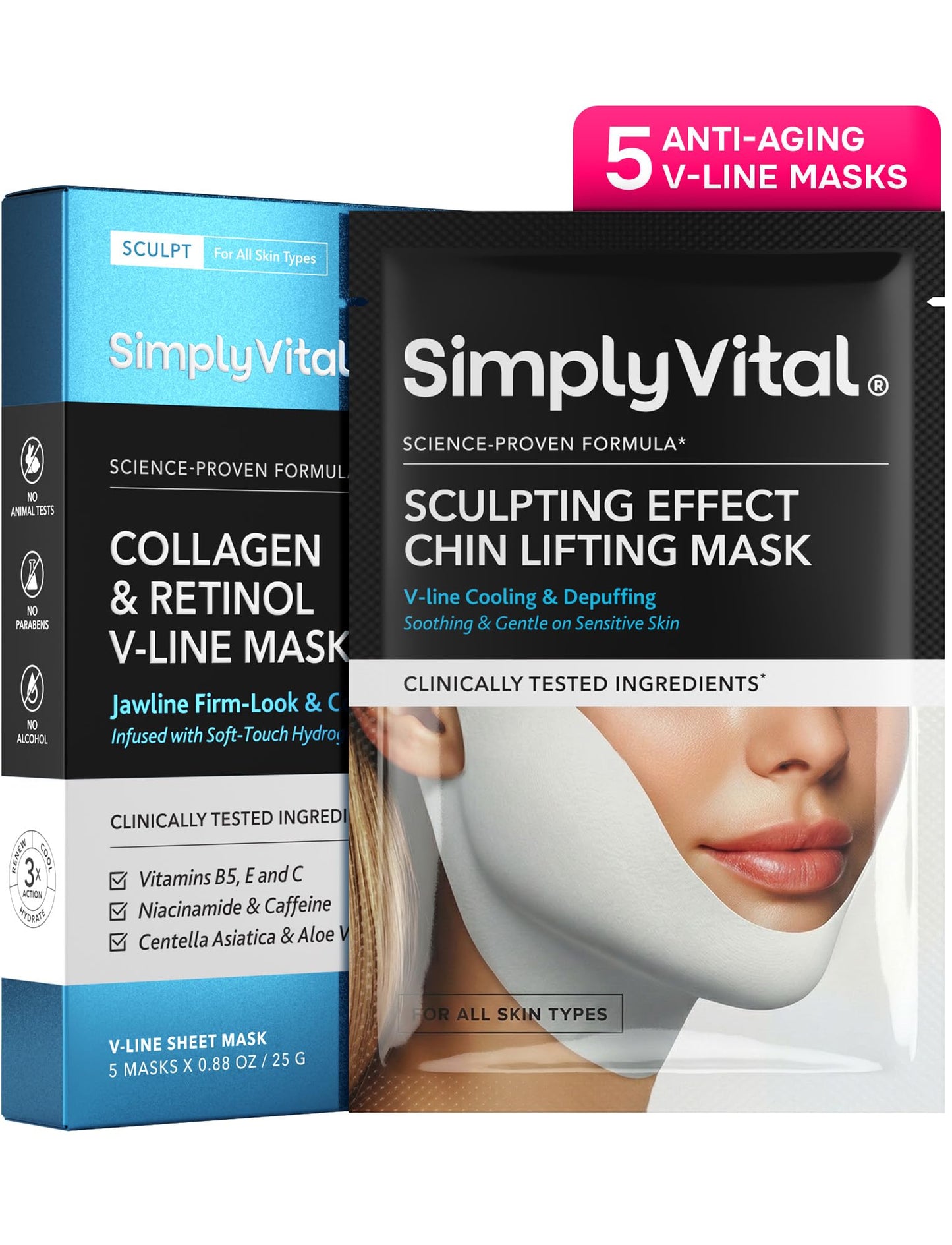 V Line Lifting Mask with Collagen, Retinol & Hyaluronic Acid - Caffeine, Niacinamide Visible Neck Tightening and Chin Lifting Mask for Women - Double Chin Strap for Face & Jawline Shaper - 5 pcs
