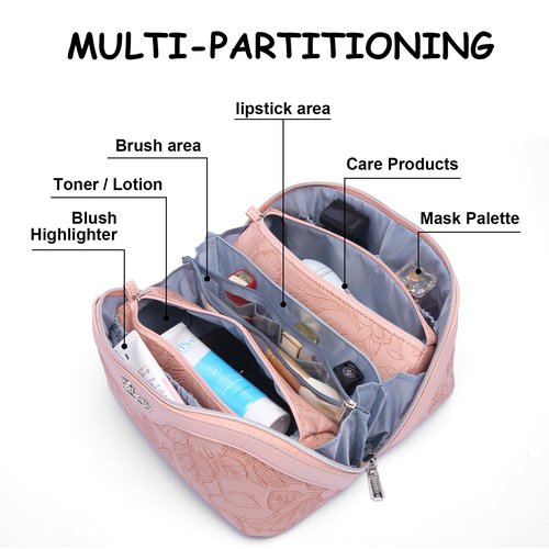 Travel Makeup Bags Cosmetic Organizer Bag: 3-Set Large Capacity Make up Bag - PU Leather Toiletry Bag for Women - Wide Open Portable Pouch with Divider & Handle (01-Z-Pink)