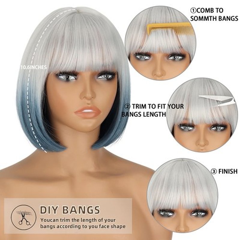 WERD Short Blue Bob Wig for Women Blue Wig with Bangs Synthetic Hair Light Blue Bob Wig for Daily Party Cosplay（Grey to Blue）