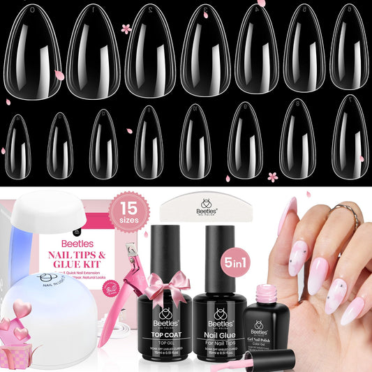 Beetles Gel Nail Kit 600Pcs 15 Sizes Medium Almond Nail Tips with Pink Color Gel Top Coat,Soft Clear Nail Tips Set 5 In 1 Nail Glue Uv Nail Lamp Easy Nail Extension Set Valentine's Day Gifts for Women