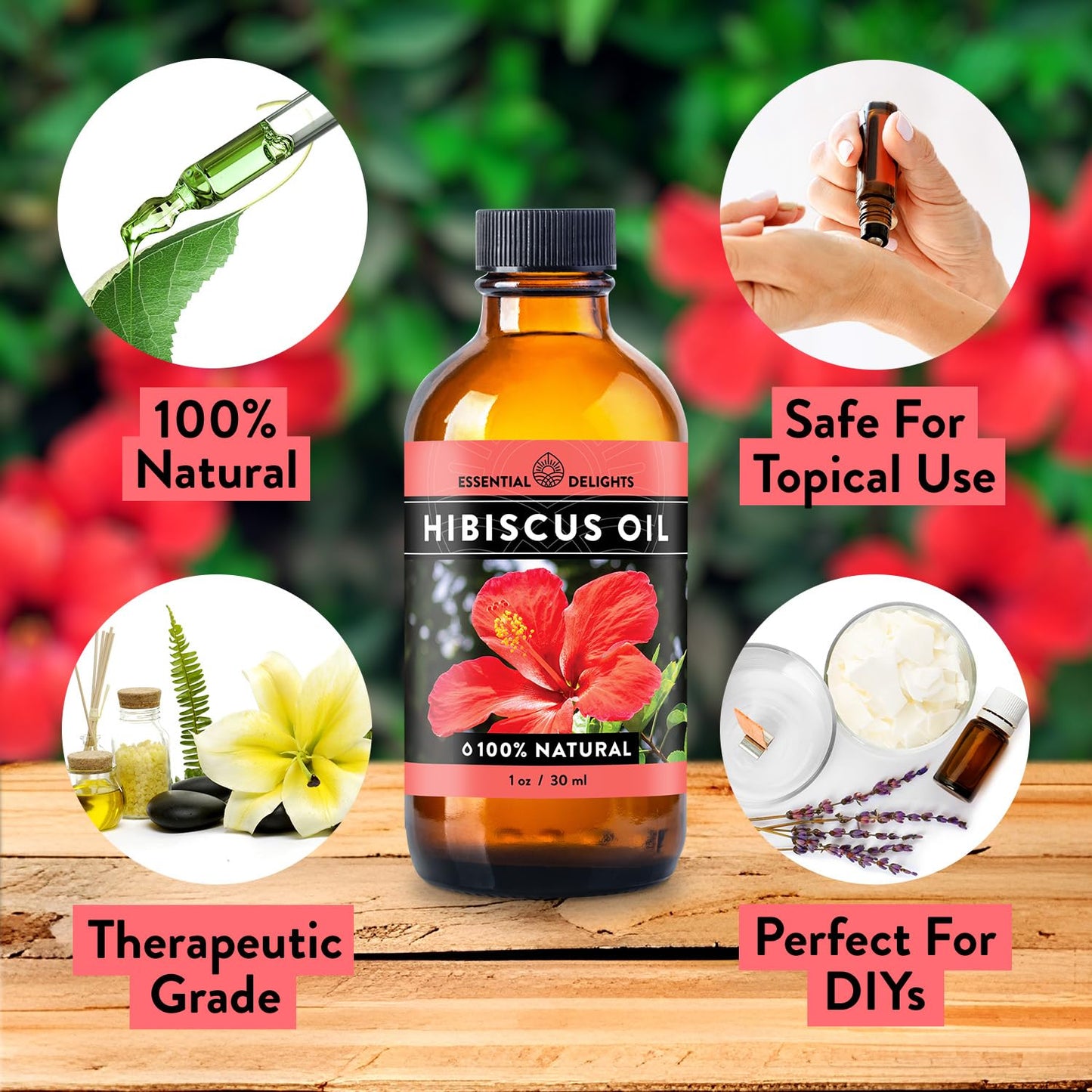 Essential Delights Hibiscus Oil Premium Cold Pressed Carrier Oil (1 oz.) | for Skin, Face, Body, Hair Revitalization |