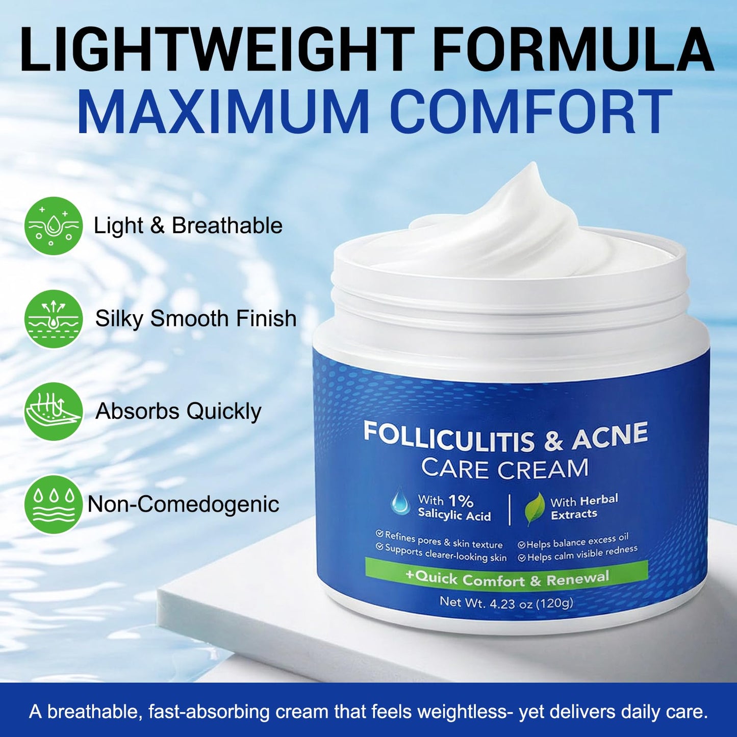 Folliculitis & Acne Treatment Cream Salicylic Acid & Herbal Extracts for Scalp, Face, Body & Back Soothes Redness, Itch & Irritated Skin-120g