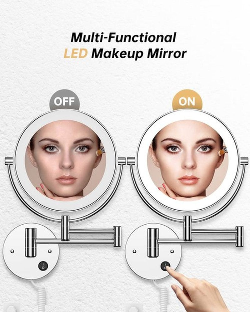 Gospire 8.5 Inch LED Wall Mounted Makeup Mirror Round Double Sided 1X/10X Magnifying Vanity Mirror with Lights 360 Degree Swivel Lighted Cosmetic Mirror (8.5 Inch-10X, Chrome Mirror with LED)