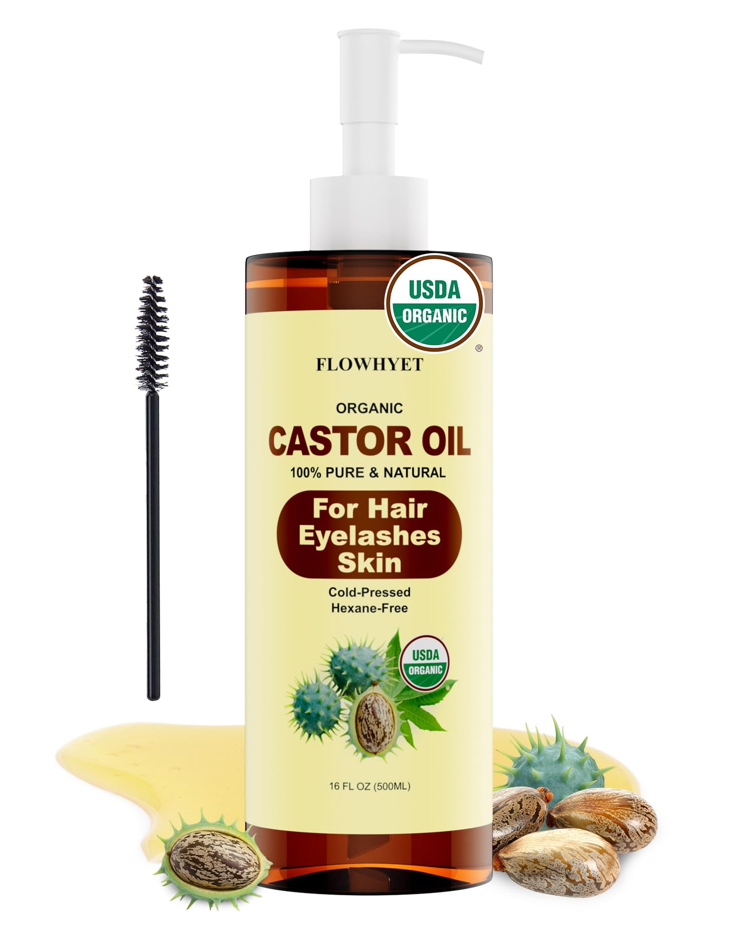 FLOWHYET Organic Castor Oil for Hair Growth, Pure Eyelash Eyebrow Growth Serum, USDA Certified Body Oil for Face Skin Care, Cold Pressed, Hexane Free, for women, 15.5 Fl Oz