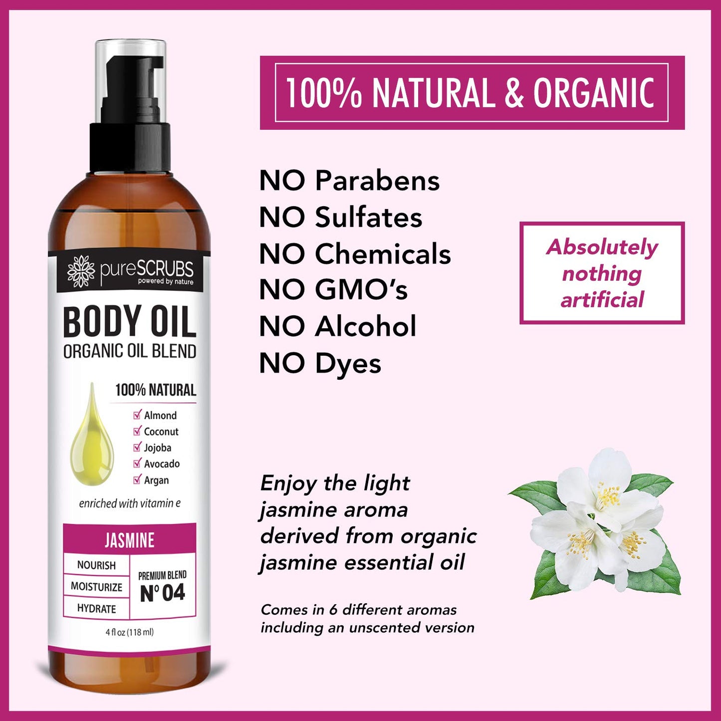 pureSCRUBS Ultra Moisturizing Jasmine Body Oil for Dry Skin, Lightweight Full Body Moisturizer for Soft, Silky Skin, Massage & Cuticle Oil, Vitamin E Enriched, 4 oz