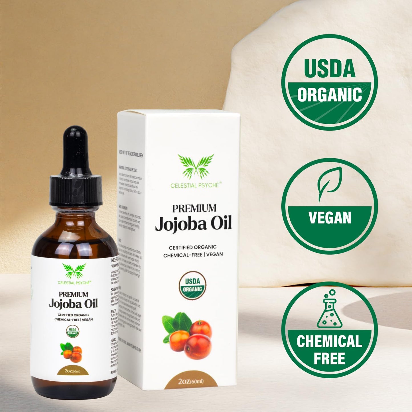 Celestial Psyché USDA Certified Organic Jojoba Oil (2 Oz) 100% Pure Natural, Chemical-Free, Hexane-Free, Hair Growth, Scalp Care, Skin Hydration, Nails Natural Beauty Enhancement, Anti-Aging