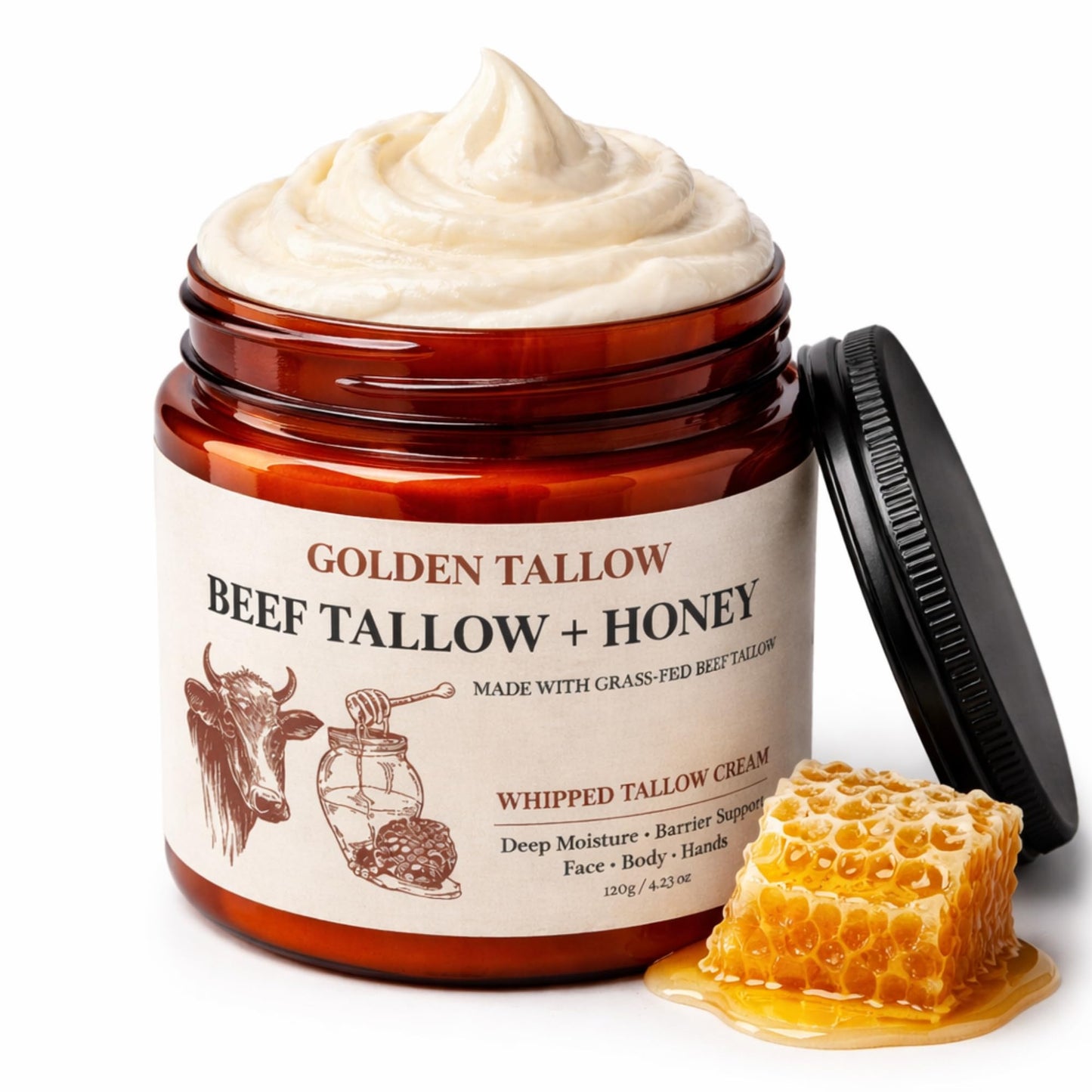 Golden Tallow Whipped Tallow Honey Balm for Face & Skin, Beef Tallow Moisturizer Cream, Tallow Face Moisturizer, Tallow and Honey Balm, Deep Moisture for Dry Skin, 4.2 Oz