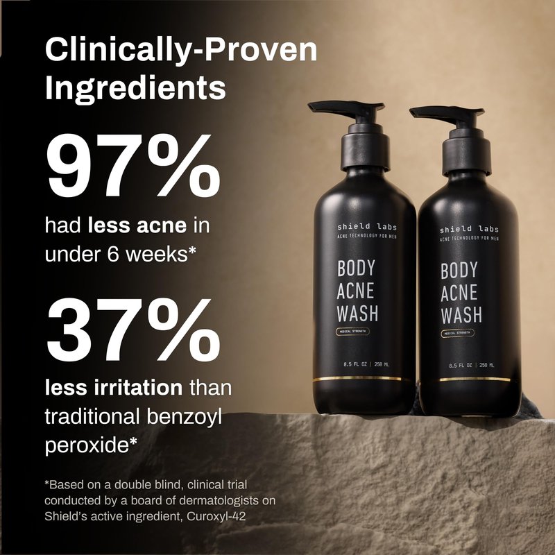 Shield Men's Acne Body Wash for Back, Chest & Shoulders - 4% Benzoyl Peroxide Body Wash, Clears Breakouts & Acne Scars – Unscented with Niacinamide, Glycolic Acid & Ceramides, 8.5 oz