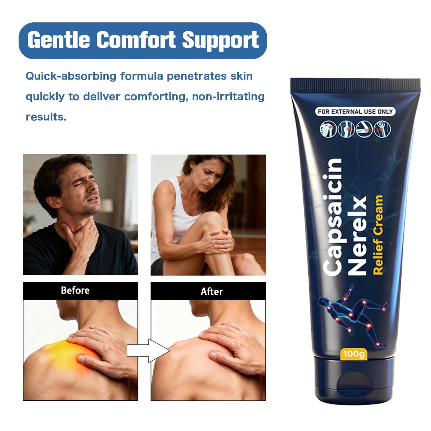 QYGCHUSIN Capsaicin Neuropathy Relief Cream with Arnica, Menthol, MSM & Glucosamine, Soothing Cream for Feet, Hands, Legs, Joints, Waist & Muscles, 100g,1pack