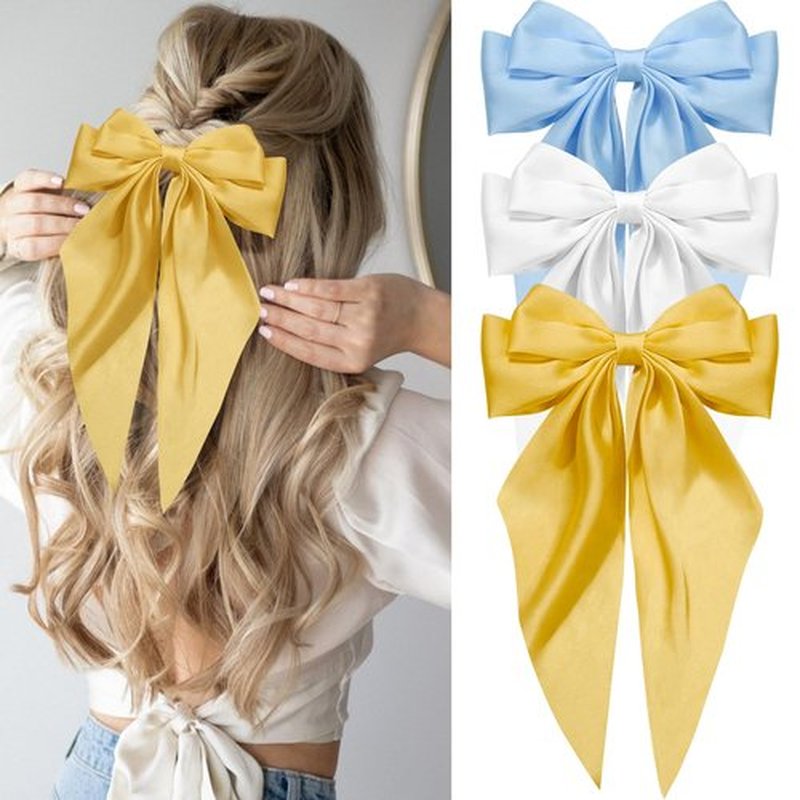 Hair Bows for Women Girls Silky Satin Big Bows Hair Barrettes Oversized Hair Accessories Long Tail Hair Ribbons -3Pcs -Yellow Beige Sky Blue