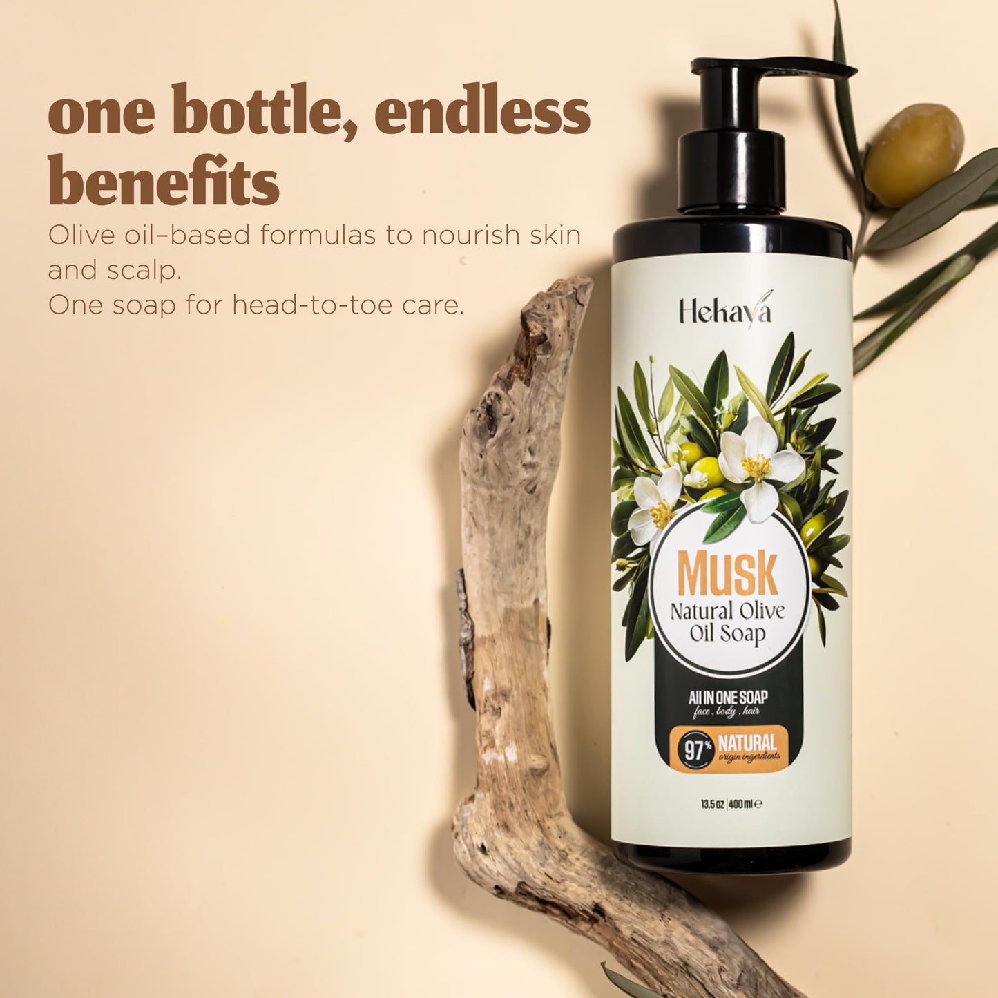 Hekaya Natural Olive Oil Liquid Soap – Musk Scent | Handmade, Vegan, Sulfate & Paraben Free | Gentle Face, Hand & Body Wash | Moisturizing Castile Cleanser | 13.5 fl oz Pump Bottle.
