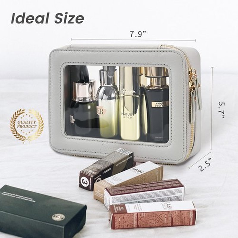 Aveniee Clear Makeup Bag for Women, Clear Cosmetic Case Travel Toiletry Bag, Heavy Duty Makeup Organizer Car Bag for Accessories with Clear Windows & Gold Zippers(Grey,Middle)