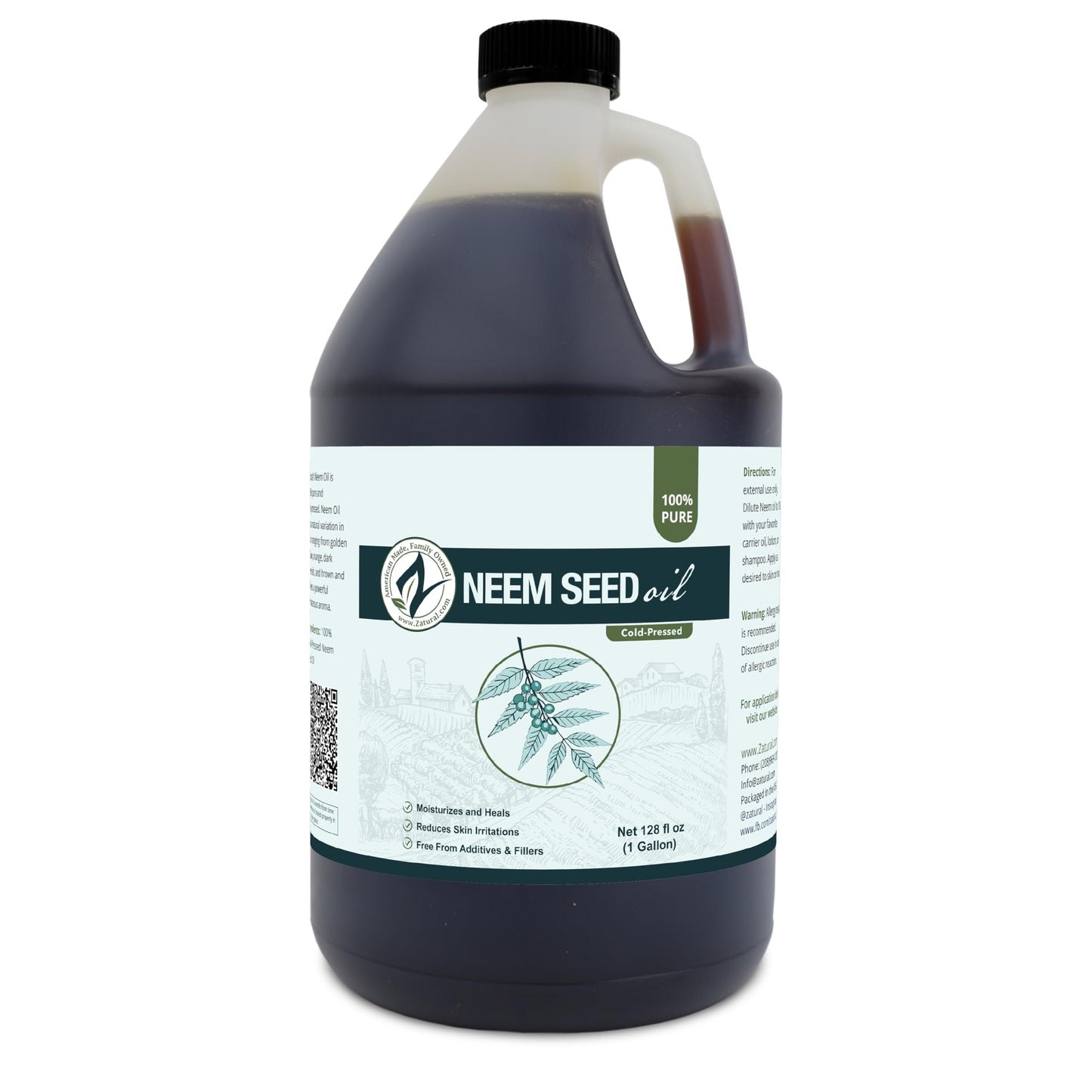 Zatural 100% Pure Neem Seed Oil | Cold Pressed, Undiluted Natural Oil for Skin Conditioning, Hair Moisture & Botanical Blending (128 Fl Oz)