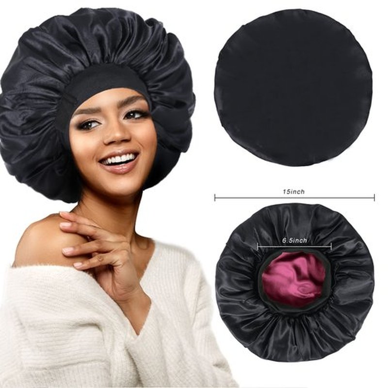 Silk Bonnet for Sleeping Double Layer Satin Bonnet Adjustable Bonnets for Black Women Sleep Cap Reversible Hair Bonnet for Curly Hair (Black and Wine)