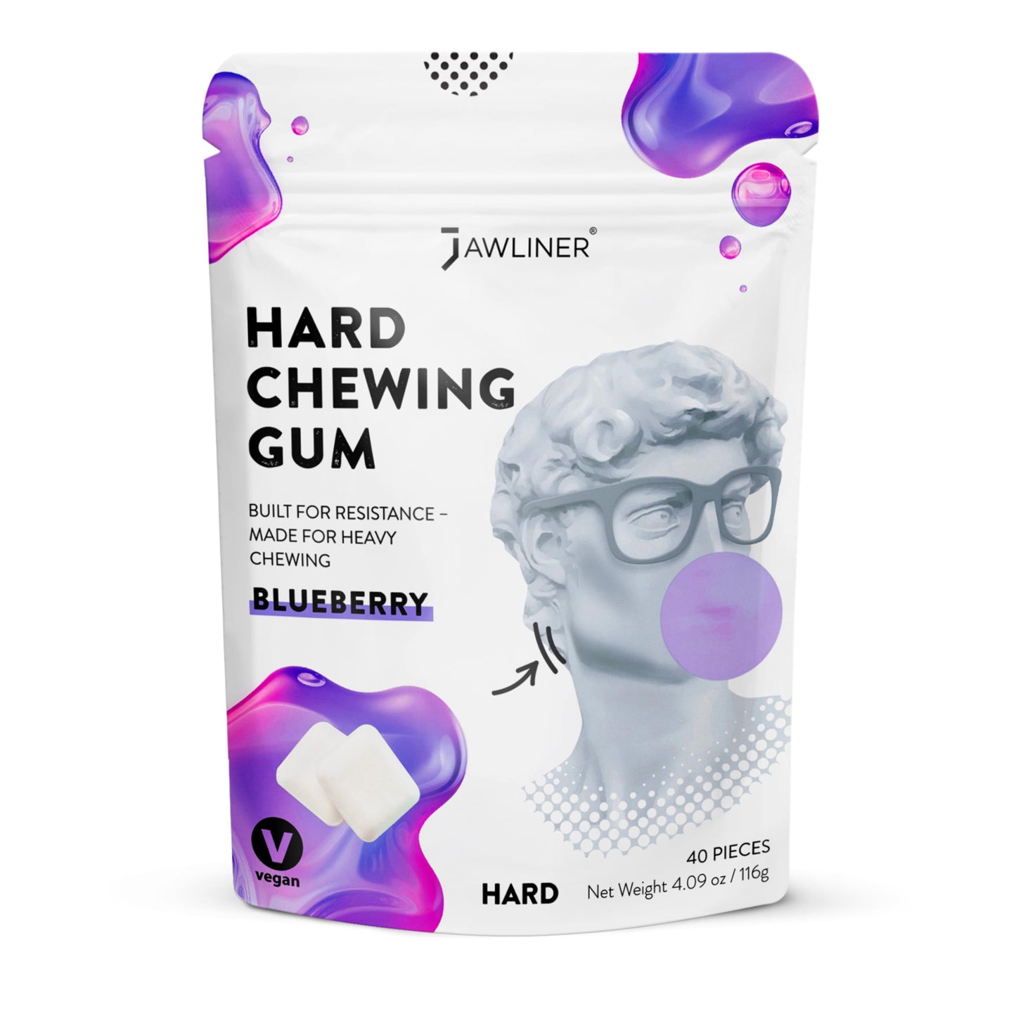 Jawliner® Hard Jawline Gum for Facial Fitness - Jaw Exerciser for Sculpted Masseter Muscle with 6-10× Stronger Resistance - Sugar-Free Vegan Workout Gum - Blueberry Flavor, 40 Pieces