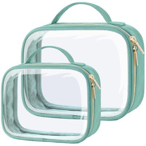 PACKISM TSA Approved Toiletry Bag, 2 Pack Clear Makeup Bags with Handle Large Opening, Clear Toiletry Bags Fit Carry-on Travel Essential, Clear Travel Bags for Toiletries, Turquoise Green