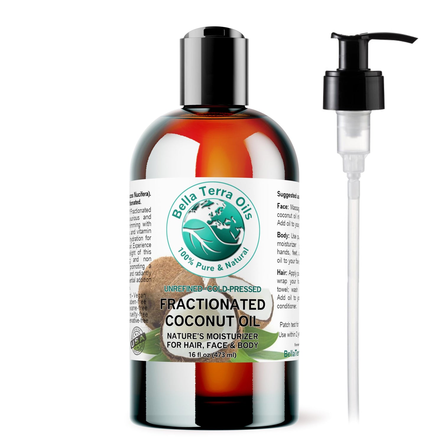 Bella Terra Oils - Liquid Natural Fractionated Coconut Oil 16oz - The Ideal Mix of MCTs & Fatty Acids, A Lustrous Elixir for Daily Skin Care
