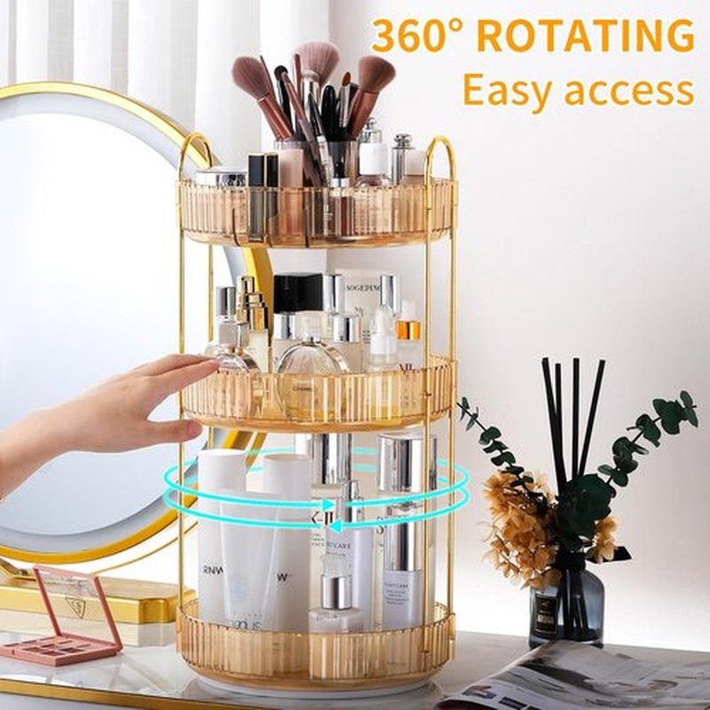 360° Rotating Makeup Organizer, Large-Capacity Skincare Make Up Storage 3 Tier Perfume Organizers Cosmetic Dresser Organizer with Makeup Brush Holder, Fits Bedroom, Bathroom, Vanity Shelf Countertop