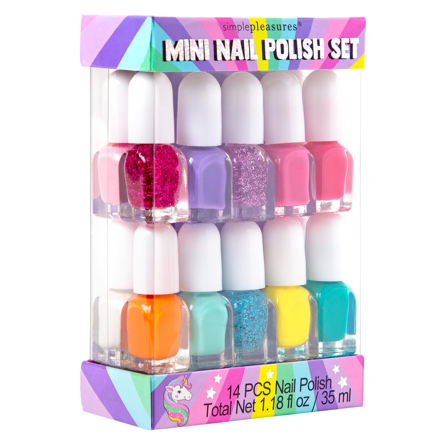 SIMPLE PLEASURES Rainbow Glitter Kids Nail Polish Set for Girls – 14 Water-Based Non -Toxic Nail Art Kit - Gift Set for Ages 7-12