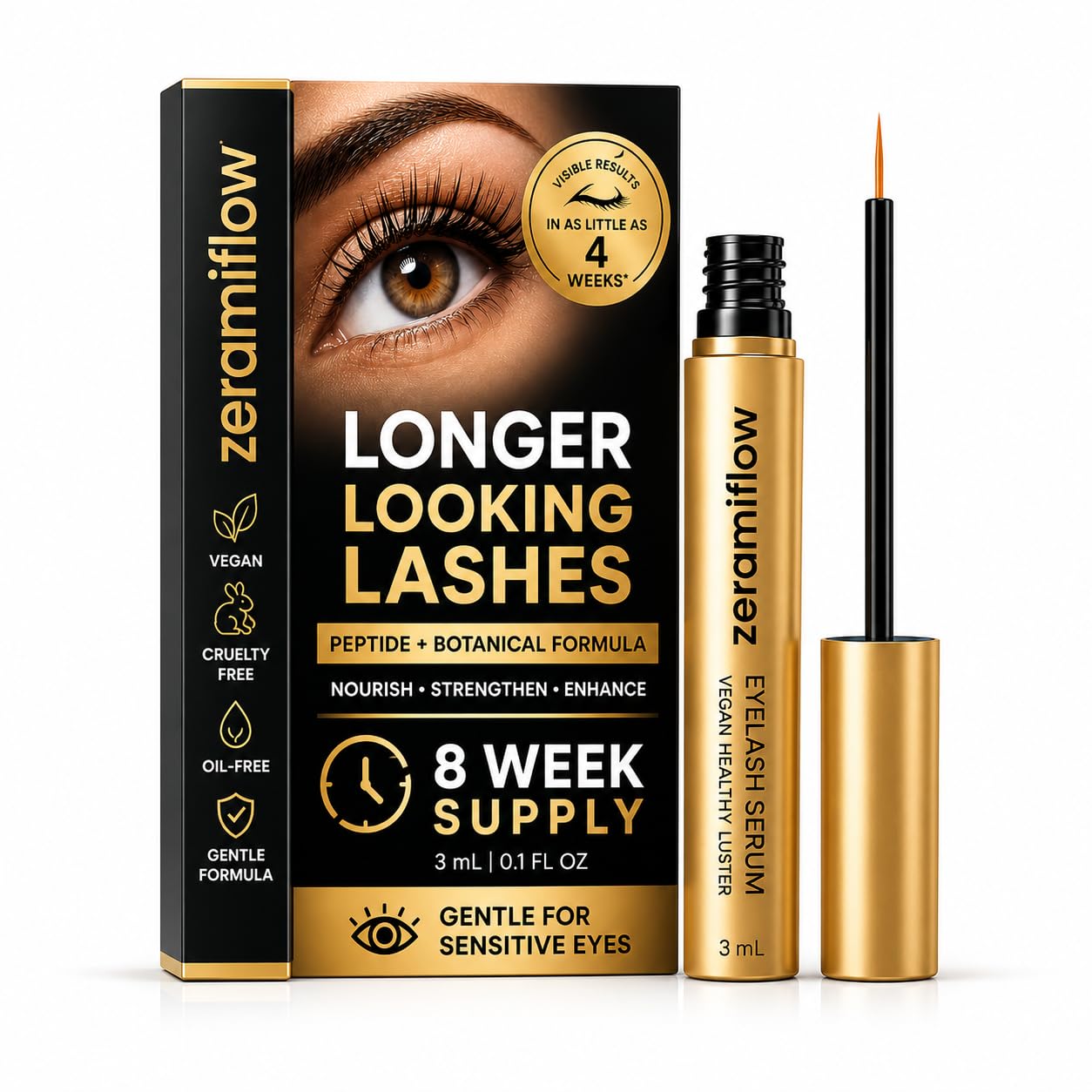 ZeramiFlow Eyelash Serum – Fuller, Longer-Looking Lashes, Vegan Lash Enhancing Serum with Peptides & Panax Ginseng, Gentle for Sensitive Eyes, Oil-Free, 0.1 fl oz