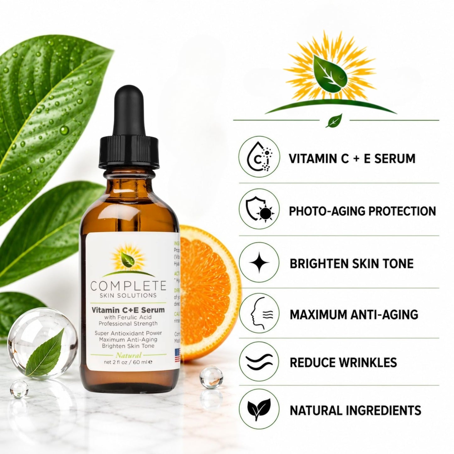 Complete Skin Solutions Natural Vitamin C E Serum With Ferulic Acid 2 oz
