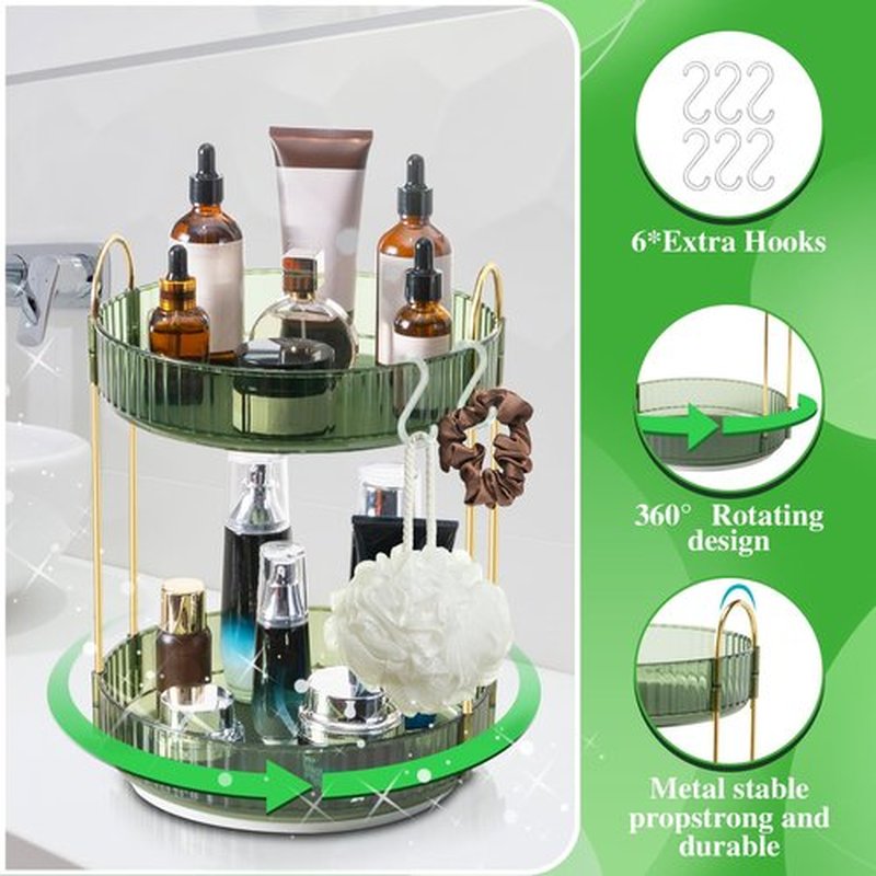 Megapuxin Makeup Organizer for Vanity,360° Rotating Large Skincare Make Up Storage Perfume Organizers Cosmetic Dresser Organizer Countertop Organizer with Extra Hooks DIY Stickers for Bathroom