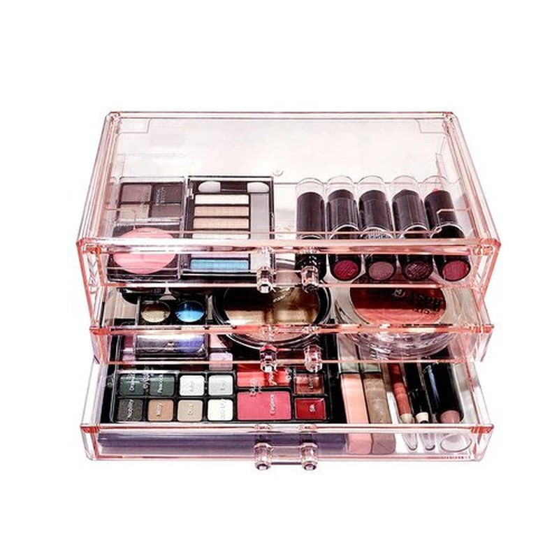 Ikee Design 3-Piece Set Pink Acrylic Drawer Storage Organizer, Ideal for Jewelry, Makeup, Home, and Office Storage,9.38 W x 5.38 D x 12.75 H in