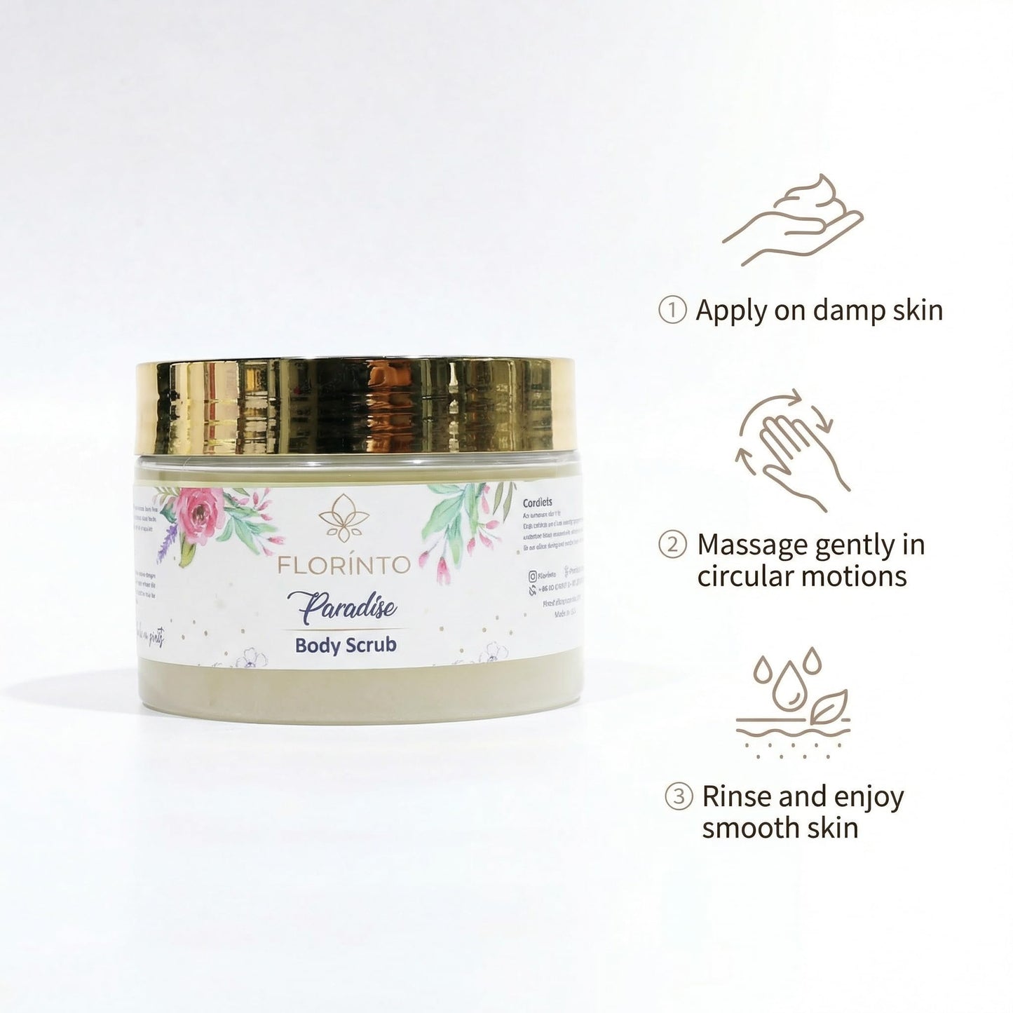 FLORÍNTO Body Scrub – Exfoliating & Moisturizing Sugar Scrub with Shea Butter, Natural Oils & Vitamin E – Soft, Smooth & Glowing Skin – 350 g (Paradise)