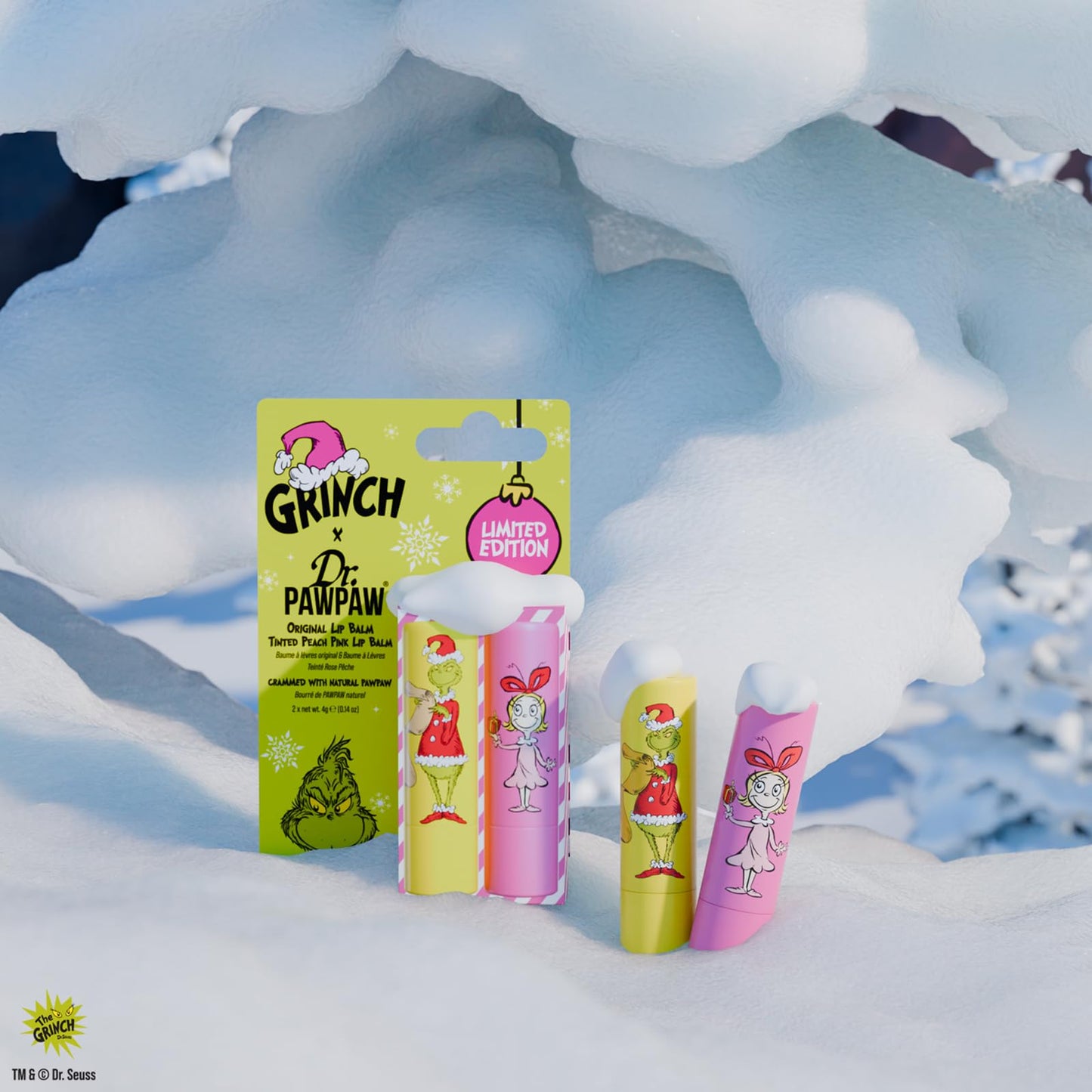 Dr. PawPaw The Grinch Set - Peach Pink and Original - Natural Lip Balm with Aloe Vera - Gluten Free Lip Moisturizer to Soften and Hydrate - 2 pc