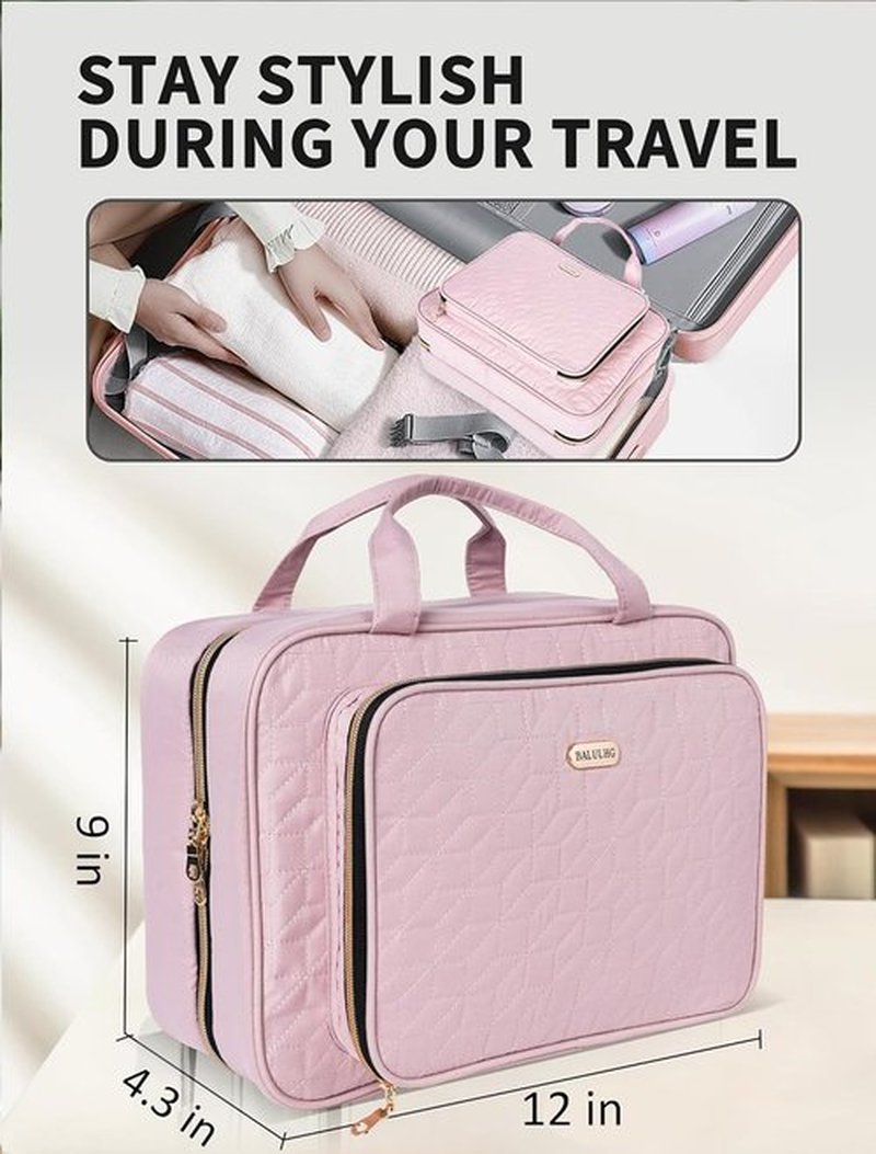 BALULHG Pink Toiletry Bag Travel with Hanging Hook, Water-resistant Cosmetic Makeup Bag Organizer for Shampoo, Full Sized Container, Toiletries
